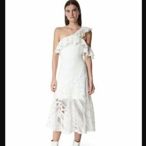 Three Floor Forward Frills White Lace One Shoulder Ruffle Maxi Dress size 6/S